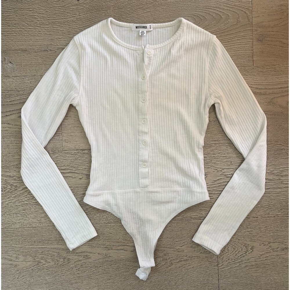 Missguided Long-Sleeved Ribbed White Bodysuit